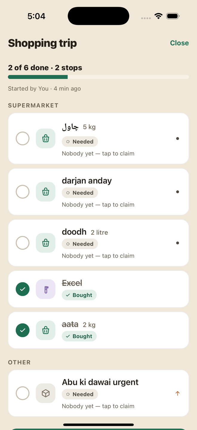 Shopping-trip mode grouped by store, ticking items as bought with a progress bar